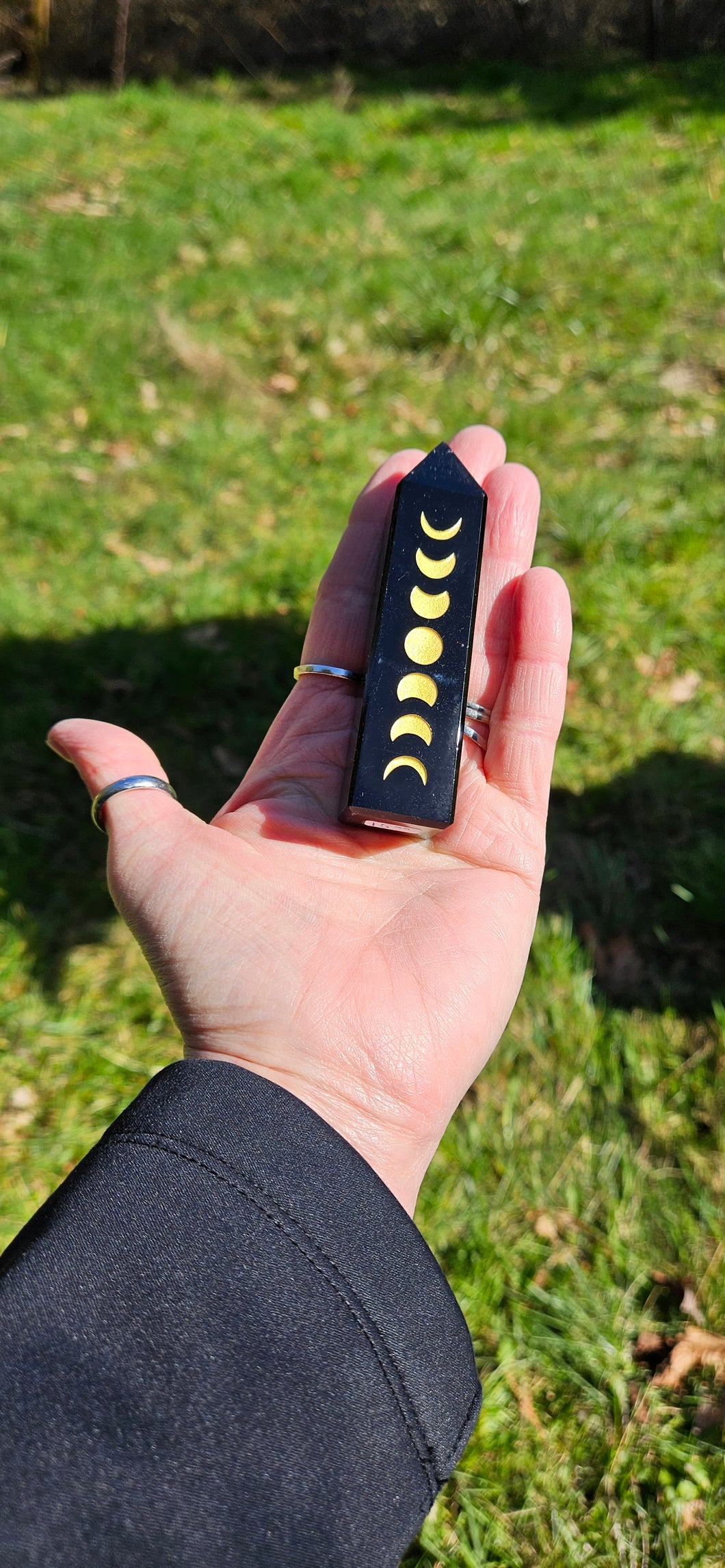 Black Obsidian Point with Moon Phases