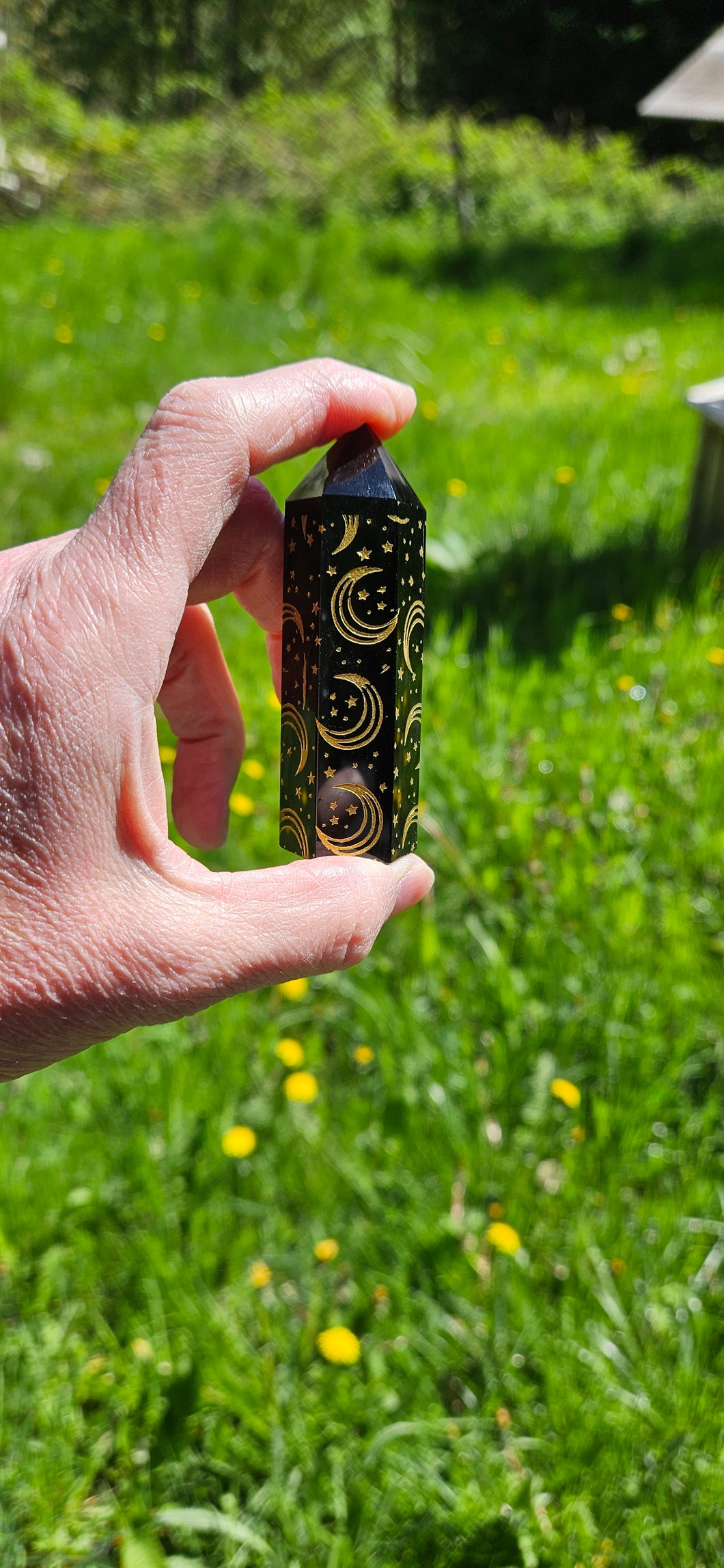 Black Obsidian Point with Moons and Stars