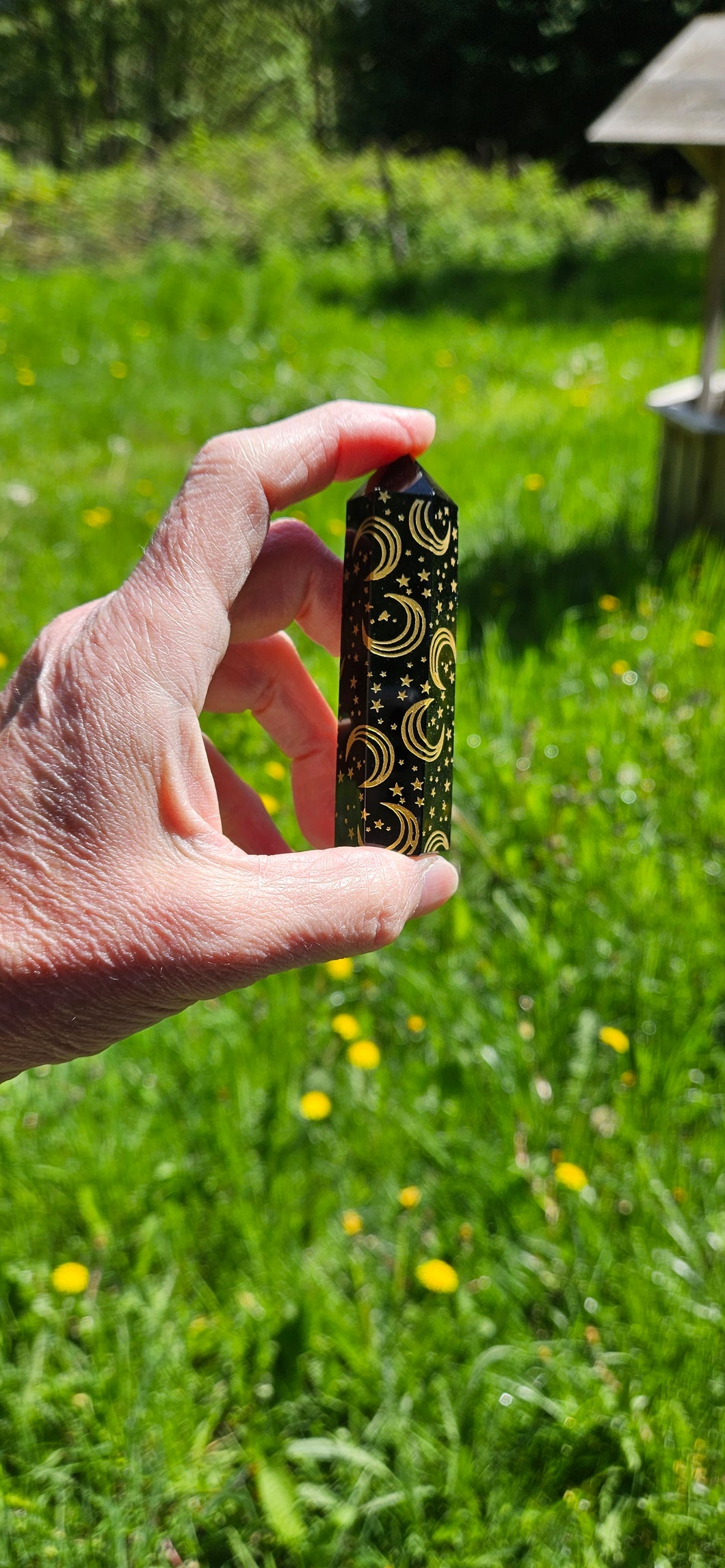 Black Obsidian Point with Moon and Stars